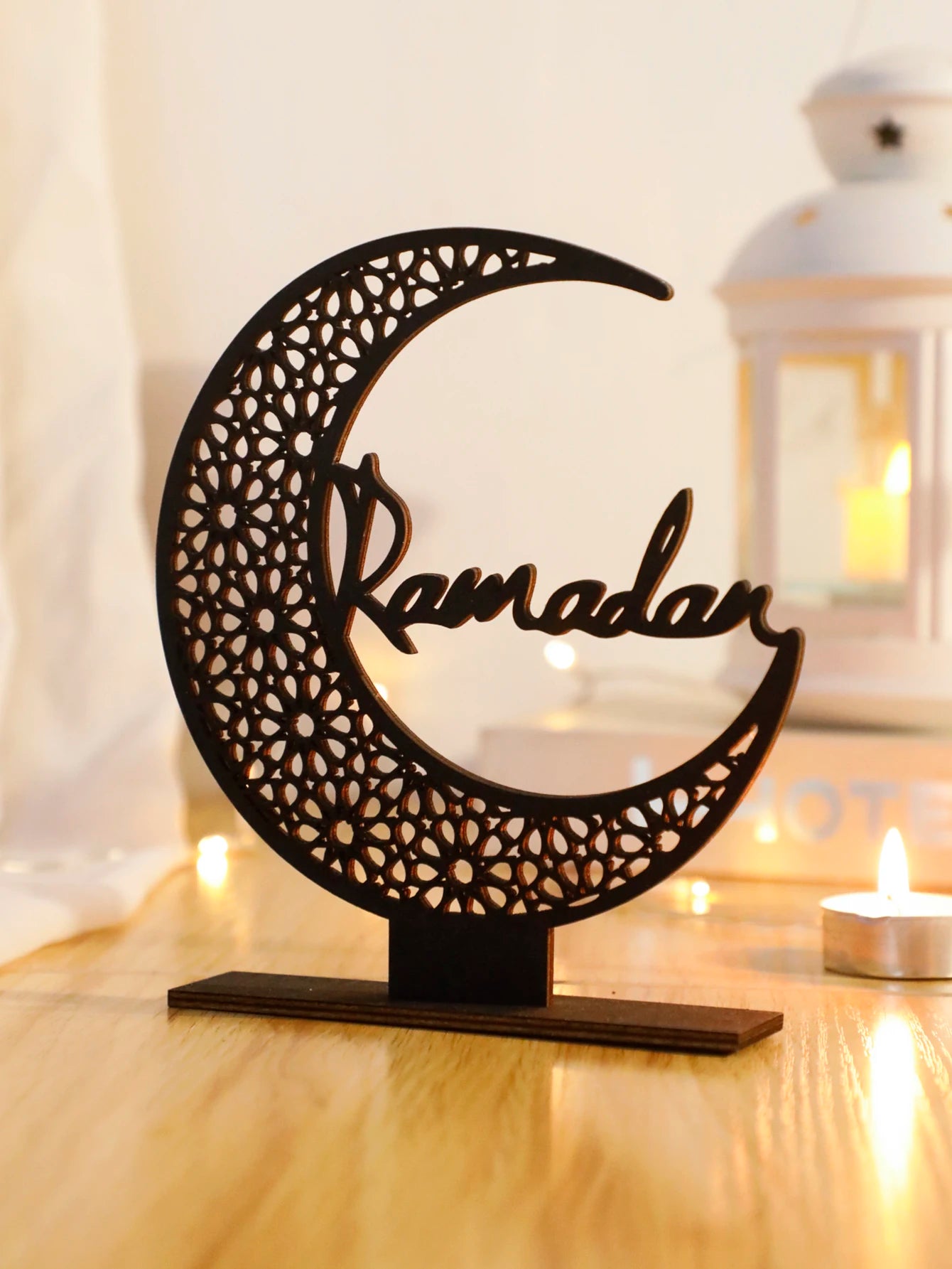 Eid Mubarak Wooden Moon Ornaments，Black Ramadan Kareem muslim decor ，Happy Ramadan Table decorations，Islamic Festival Decoration