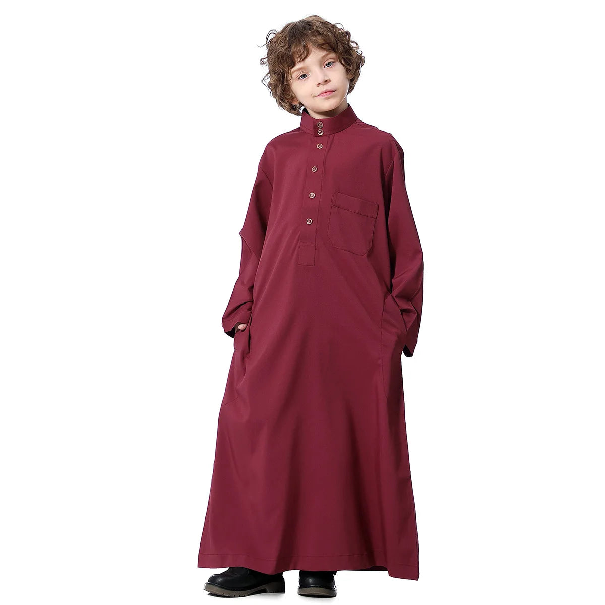 Boys Islamic Clothing Kids Muslim Jubba Thobe Solid Long Sleeve Stand Collar Kaftan Robes Arab Dubai Children Casual Abaya Dress