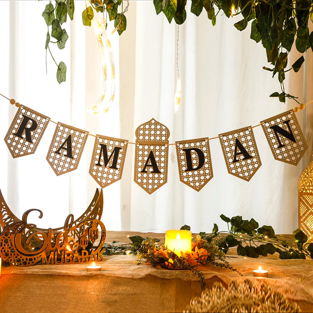 Ramadan Mubarak Banner - Hollow Lantern Hanging Garland for Islamic Muslim Eid Festival Home Party Ornament Wall Decor Supplies