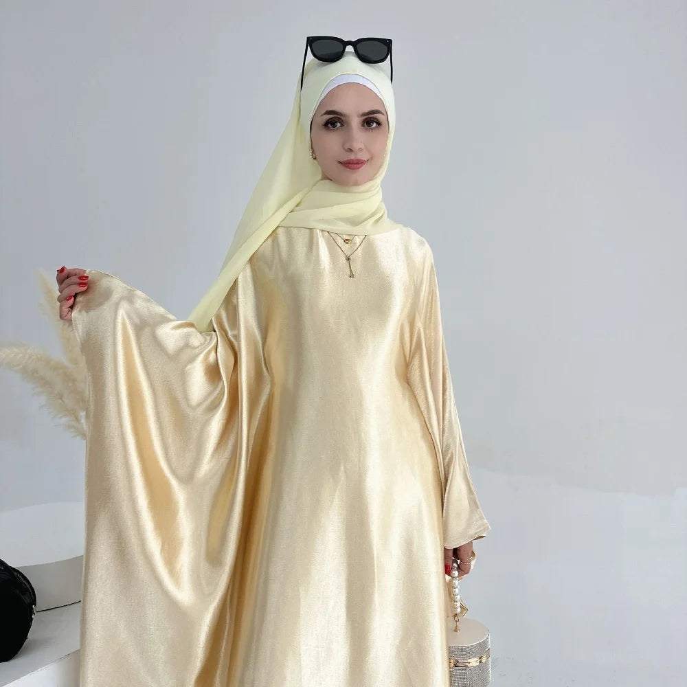 Batwing Satin Shimmer Abaya Damen Dubai Luxury Islam Muslim Kaftan Dress Women Kebaya Vestidos Djellaba Robe Femme Musulmane