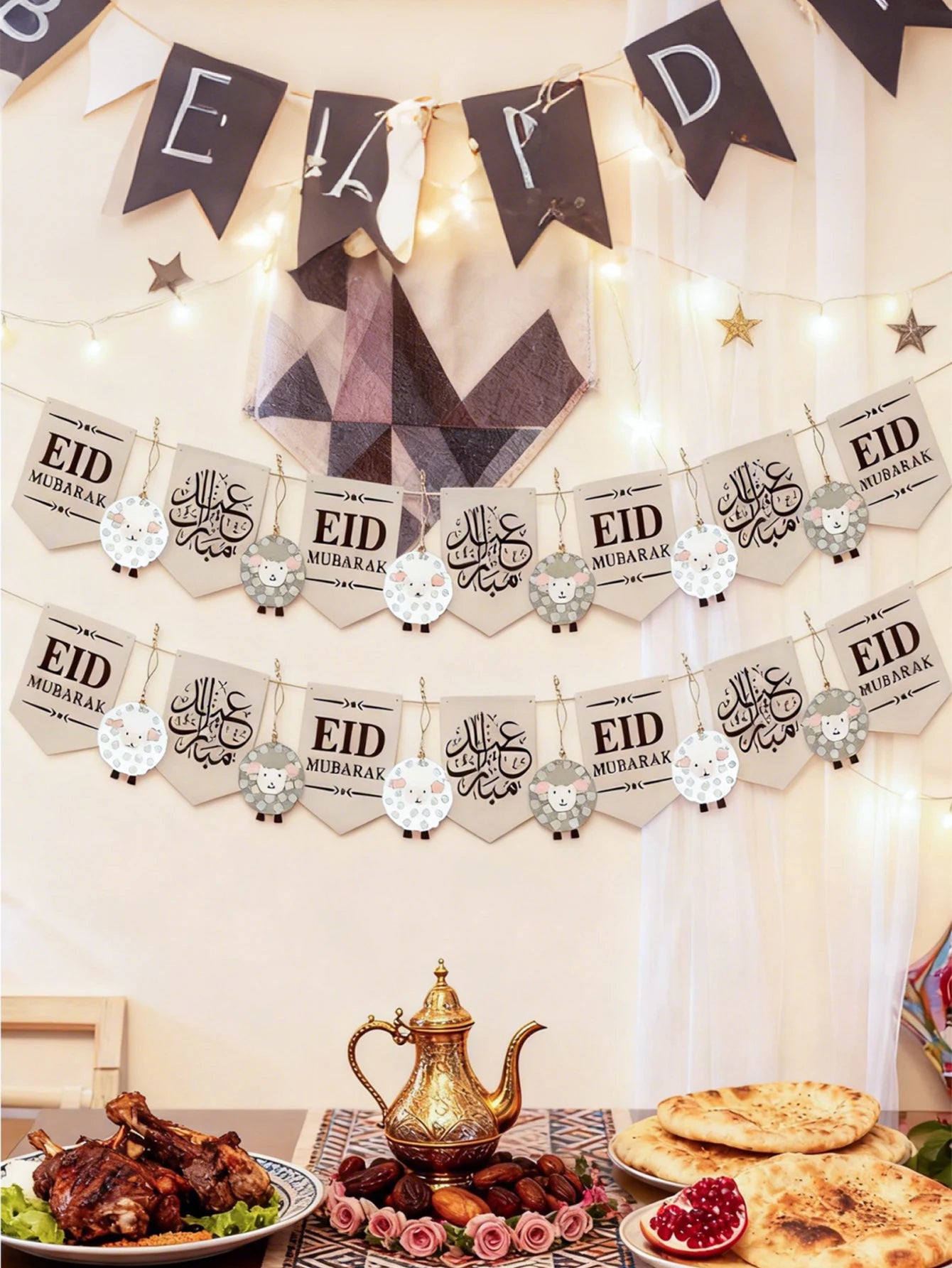 Eid Mubarak Banner with Sheep Ornaments, Islamic Wall Hanging Decor for Eid al-Fitr & Adha, Ramadan Kareem Home Party Decor Gift
