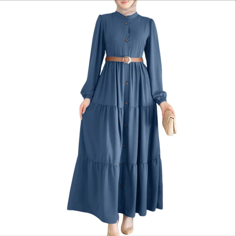 Women Autumn Dresses  Fashion Muslim Abaya Dress O Neck Long Sleeve Sundress Pleated Robe Elegant Work Dress Vestidos