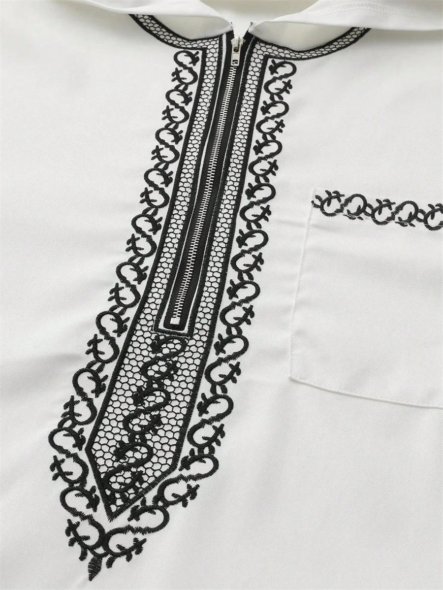 Men's Hooded Ramadan Robe Kaftan Muslim Thobe Long Sleeve Embroidered Islamic Casual Loose Dress for Saudi Arabia