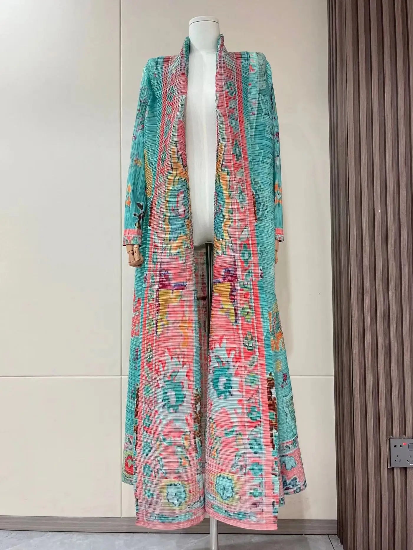 Miyake Pleated Women's Long Cardigan Windbreaker Coat Autumn New Ethnic Style Printing Loose Plus Size Dress Cloak Robe