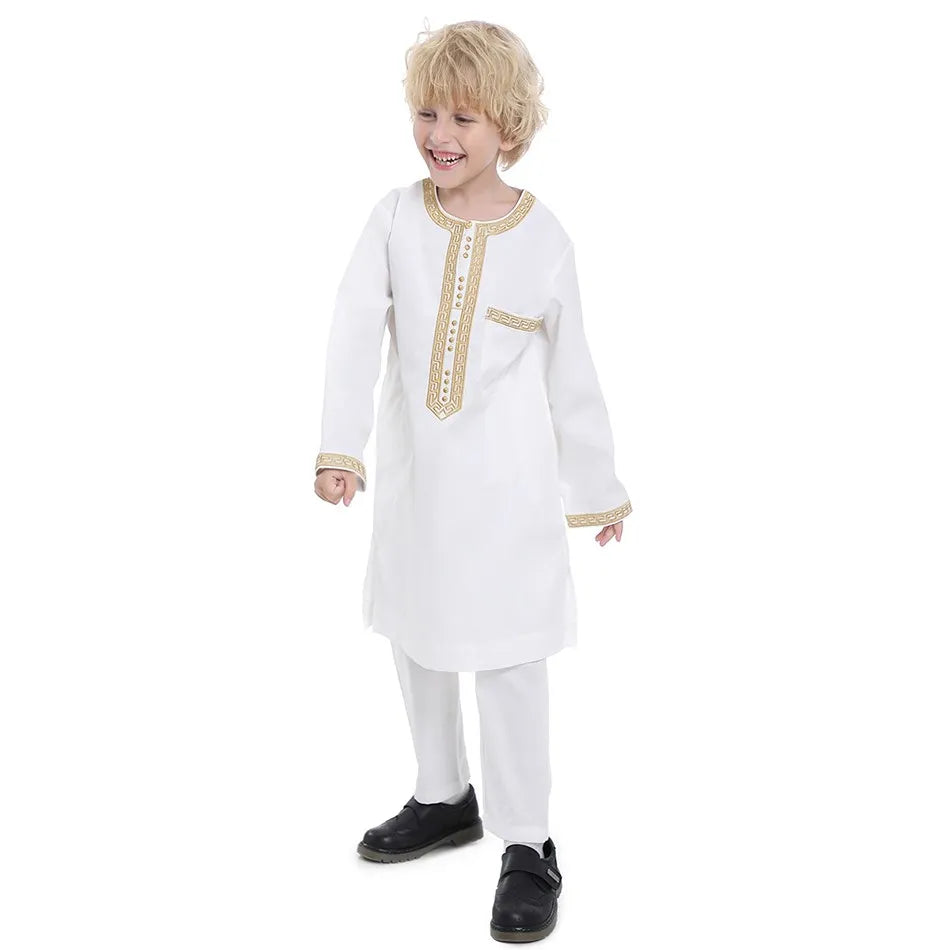 Ramadan Eid Muslim Boys Clothing Set Arab Thobe 2-Piece Outfit Long Sleeve Traditional for Kids Summer National Festival Costume