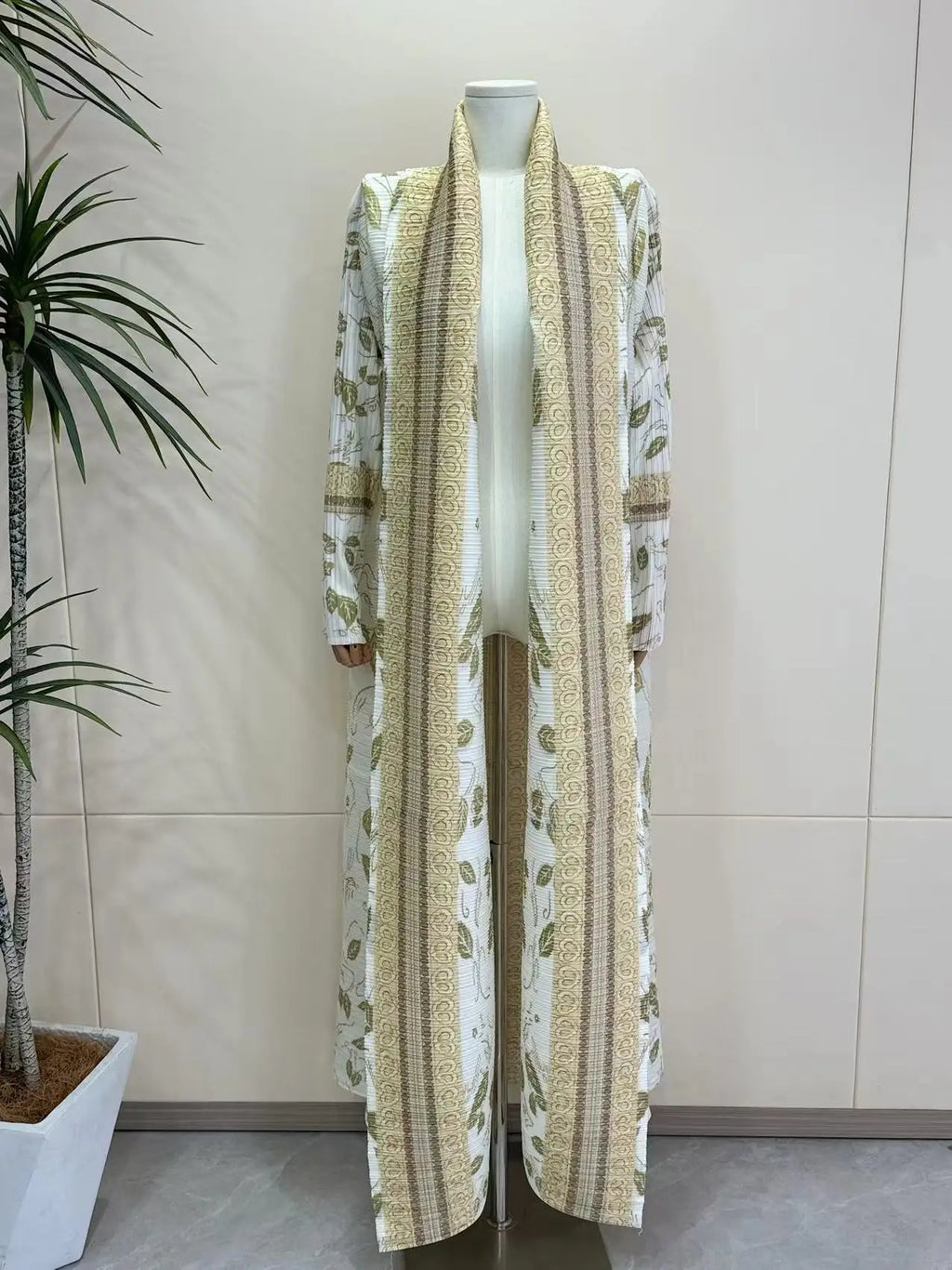 Miyake Pleated Women's Long Cardigan Windbreaker Coat Autumn New Ethnic Style Printing Loose Plus Size Dress Cloak Robe