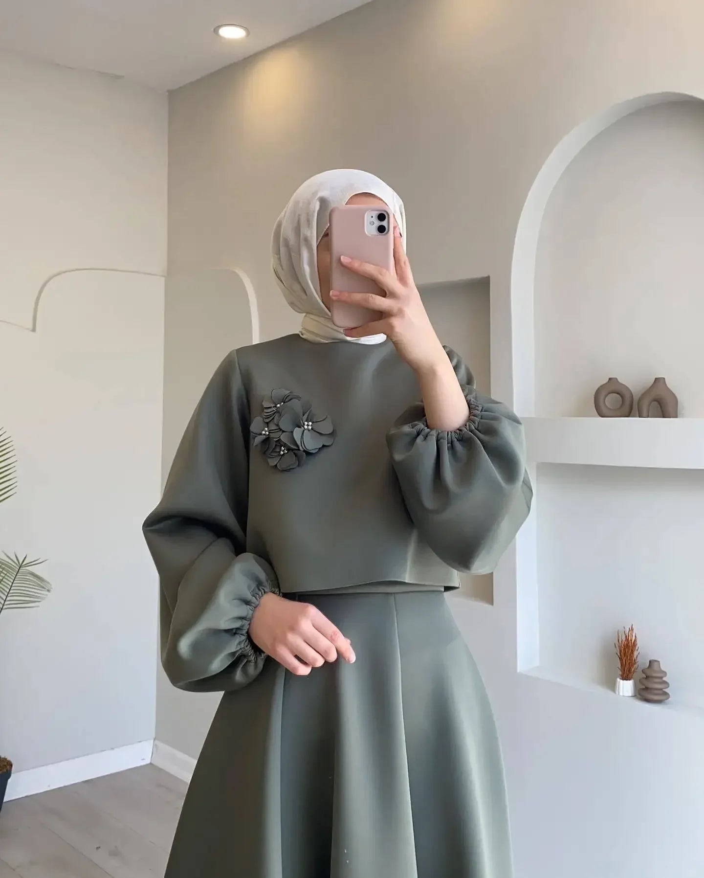 Fashion Set 2 Piece Women Lantern Sleeve Top Shirt & Skirts Suits Musulman Ensembles Jalabiya Appliques Muslim Sets