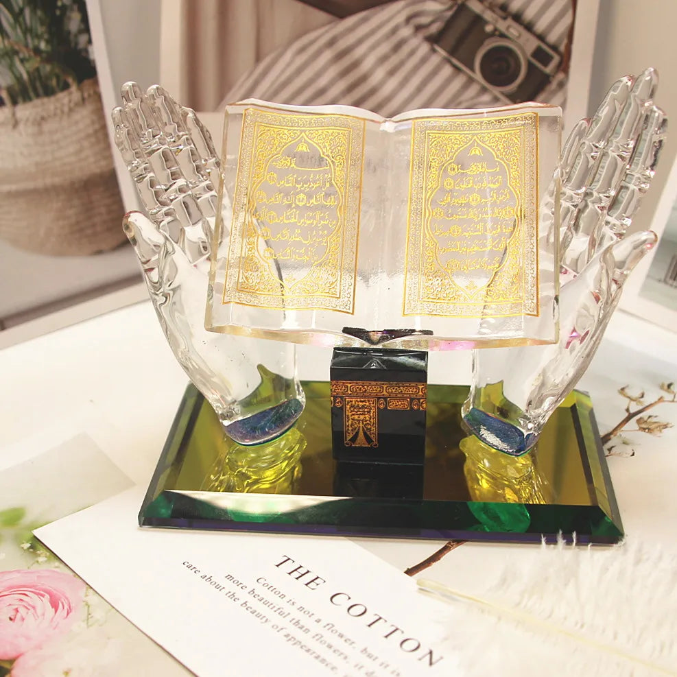 Muslim Crystal Ornament, Crystal Gilded Kaaba Hand Holding Book Model for Home Office Table Vehicle Decor Souvenirs  Eid Gift
