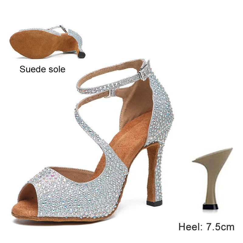 Dance Shoes For Women Ballroom Tango Rhinestones Dancing Shoes High Heels Black/Silver/Gold Women's Wedding Shoes