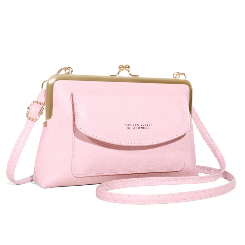 Women's Elegant PU Leather Clutch Wallet, Modern Kiss Lock & Zipper Design, Crossbody Bag With Adjustable Strap