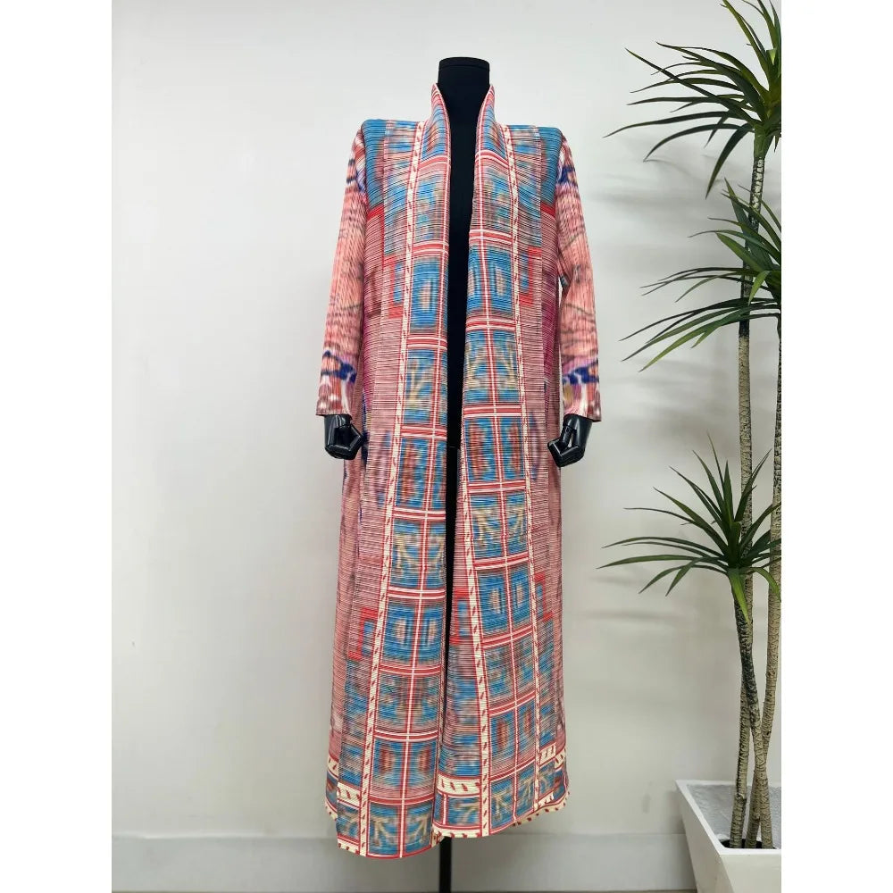 Miyake Pleated Women's Long Cardigan Windbreaker Coat Autumn New Ethnic Style Printing Loose Plus Size Dress Cloak Robe