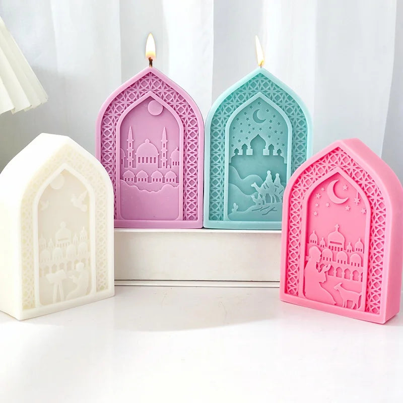 Prayer Arabic Gate Candle Silicone Mold Flat Relief Mosque Architectural Style Soap Resin Mold Eid al Fitr Decor Supplies
