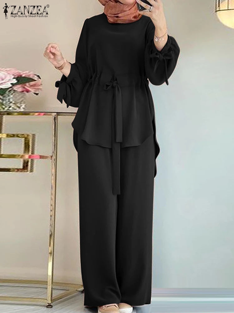ZANZEA Muslim Women Matching Sets Long Sleeve Solid Color Tops And Loose Pant Suits Elegant Fashion Casual Tracksuit Kaftan