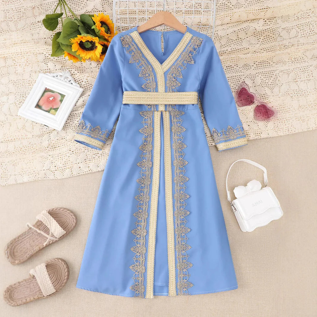 New Girl Ethnic Kaftan Dress Fashion Muslim Child Lace With Bow Belt Long Sleeves Dubai Banquet Gown Dress