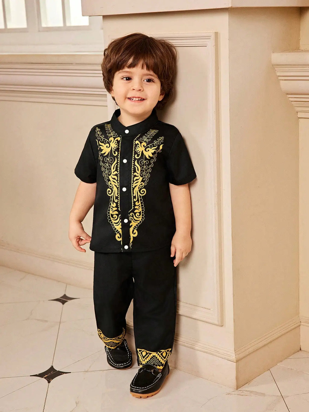 Middle Eastern Style Traditional Suit Summer Black Short Sleeve Trousers Yellow Print Cute Lively Comfortable Fashion Baby Boy
