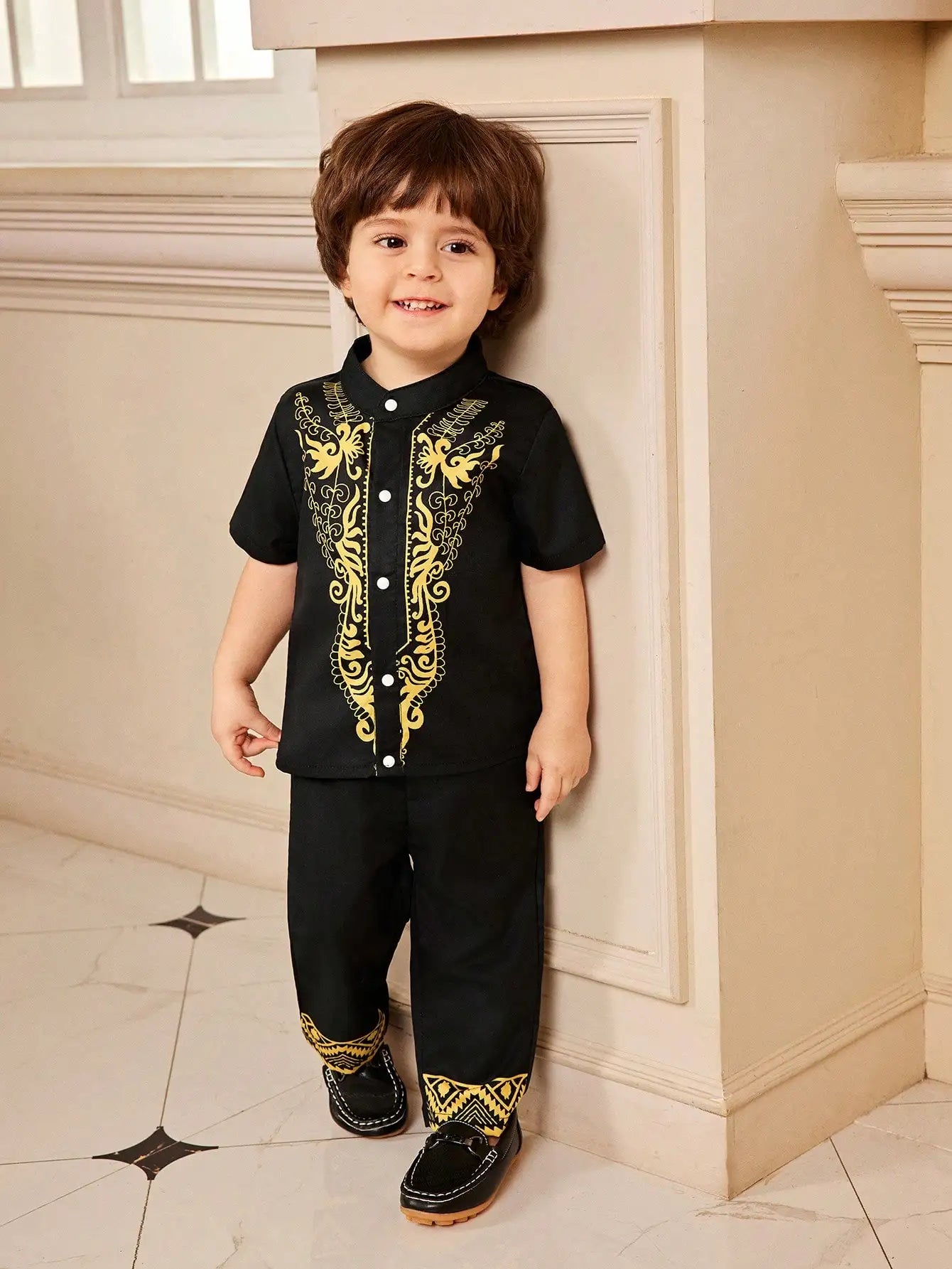 Middle Eastern Style Traditional Suit Summer Black Short Sleeve Trousers Yellow Print Cute Lively Comfortable Fashion Baby Boy