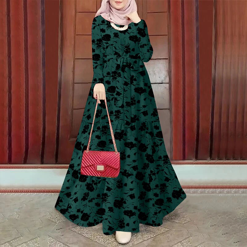 Women Autumn Long Sleeve Floral Printed Long Dress Turkey Abaya Eid Mubarek Robe IsIamic Hijab Vestidos