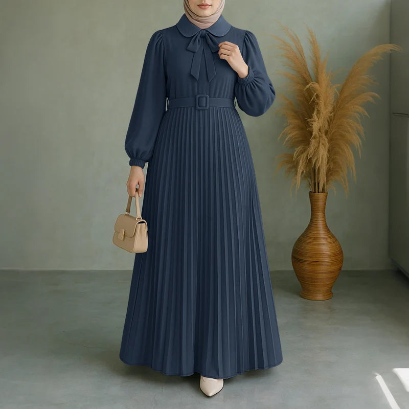 Dress Abaya Women Long Lantern Sleeve Pleated Sundress Belted Robe Femme Work Dresses