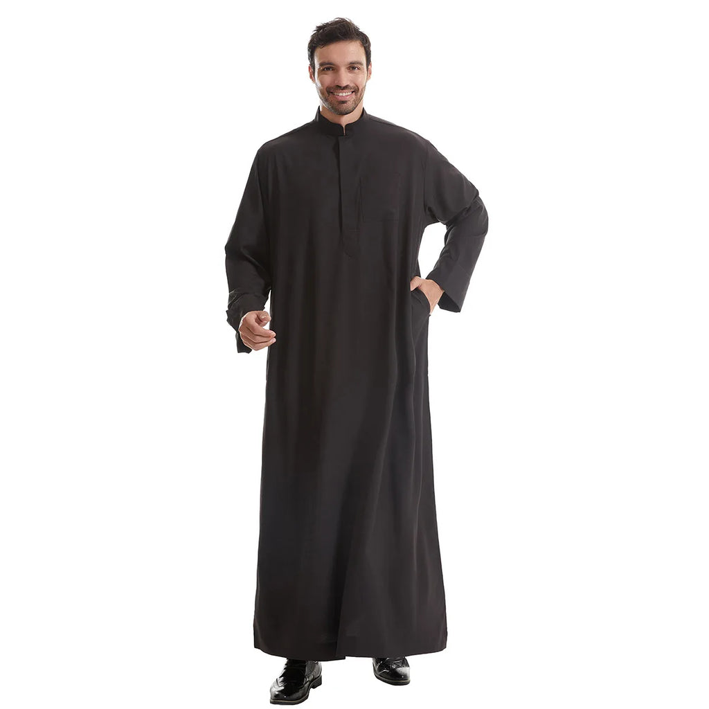 Men's Kaftan Khaki Black Long Sleeve Stand Stand-up Collar Soft Fabric Abayas Africa Saudi Thobe Elegant Outdoor Clothing