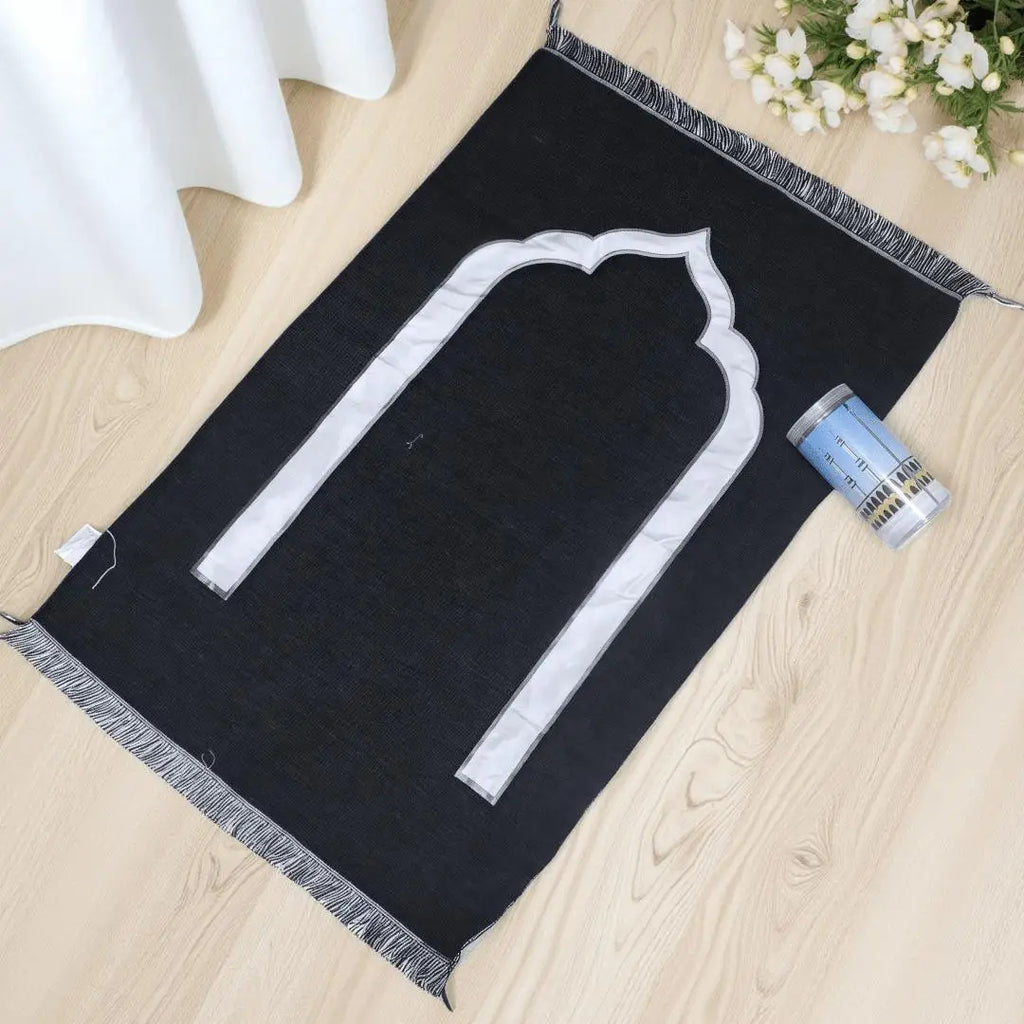Muslim Prayer Rug and Prayer Beads with Elegant Design Cylinder Gift Box  Islamic Gifts Set Carpet Mat Soft Fabric Black