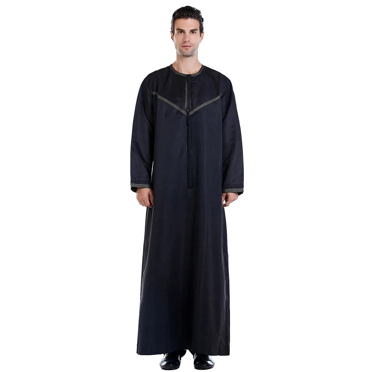 Men's Muslim Kaftan Grey/Black Elegant round Neck Arab Vintage Robe Long Sleeves Spring Winter Thobe for Dubai Saudi Occasions