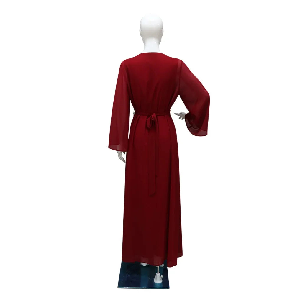 Muslim Set Dress Women Four-season Commute Muslim Set Fashion Party Dubai Turkey Long Sleeve Chiffon Cardigan Dress and Vest 2ps