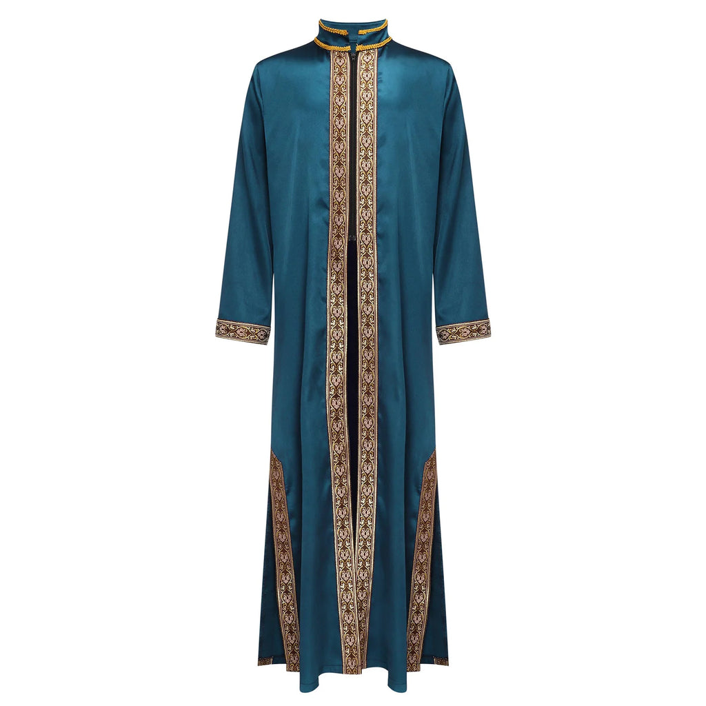 Boys Islamic Robe Kaftans Arab Gown Long Sleeves Slit Zipper Gold Embroidery Maxi Muslim Thobe Kids Festival Holiday Costume