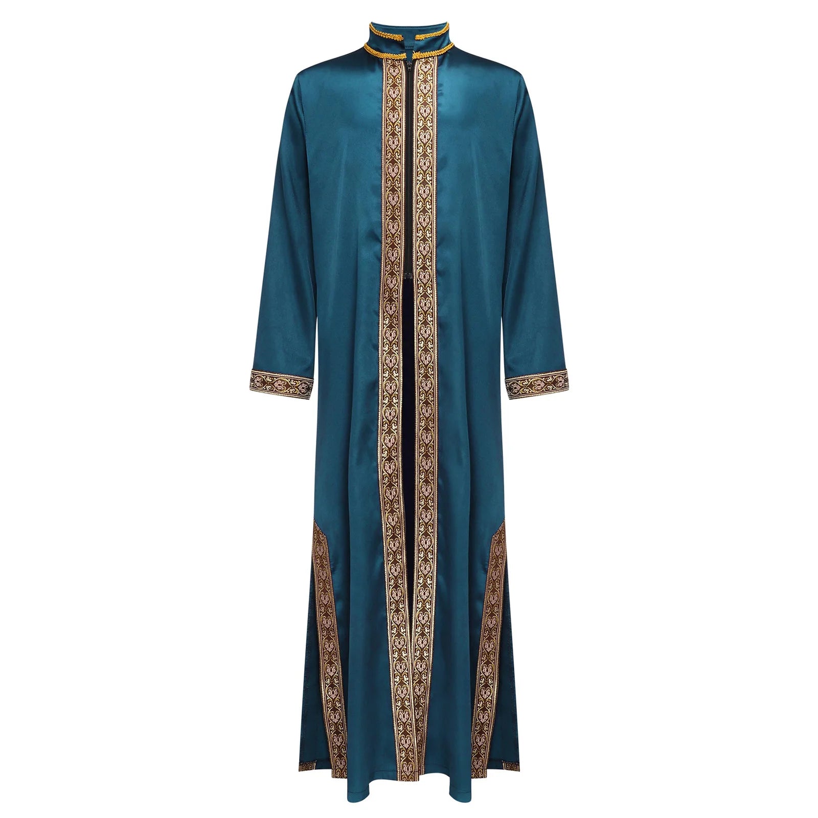Boys Islamic Robe Kaftans Arab Gown Long Sleeves Slit Zipper Gold Embroidery Maxi Muslim Thobe Kids Festival Holiday Costume