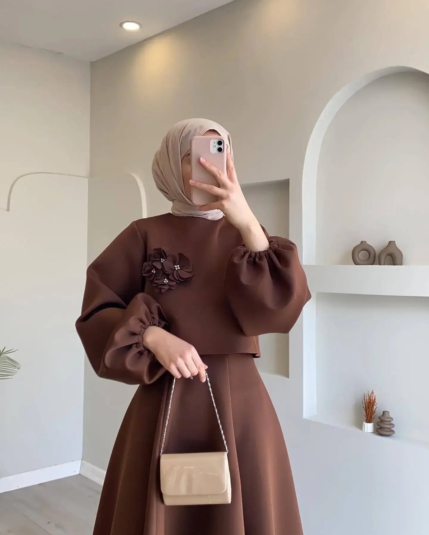 Fashion Set 2 Piece Women Lantern Sleeve Top Shirt & Skirts Suits Musulman Ensembles Jalabiya Appliques Muslim Sets