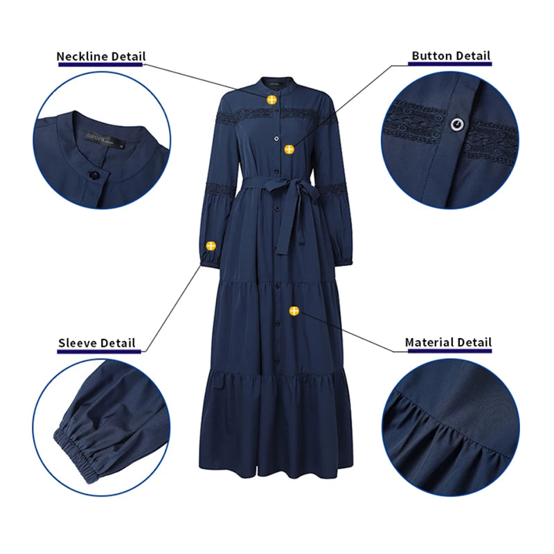 Dresses Elegant Lace Patchwork O-Neck Long Sleeve Belted Tiered A-Line Dress Abaya Robes