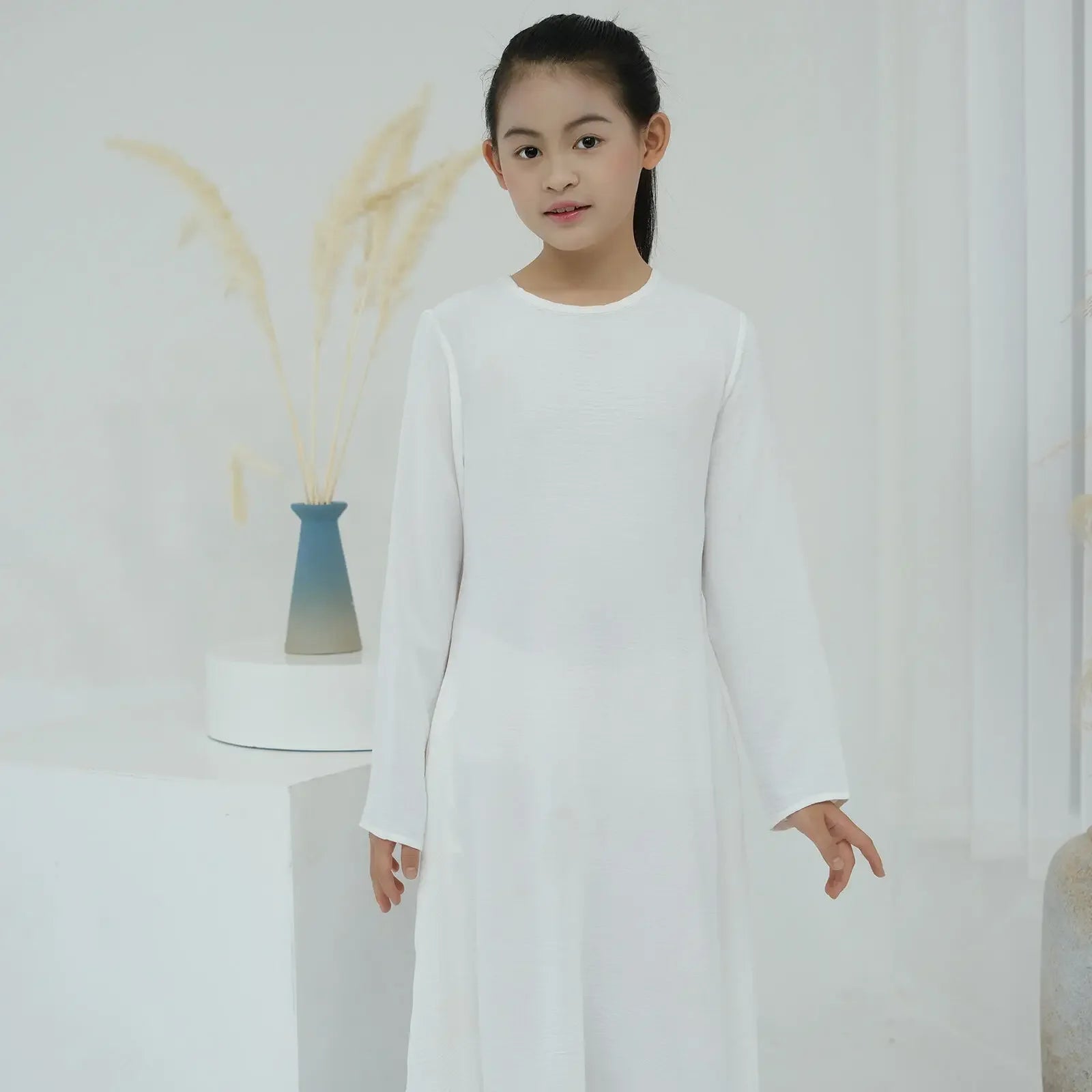 Muslim Kids Abaya Middle East Arab Children Long Sleeves Plain Color Dress Turkey Robe Islamic Girls Round Neck Clothing Modest