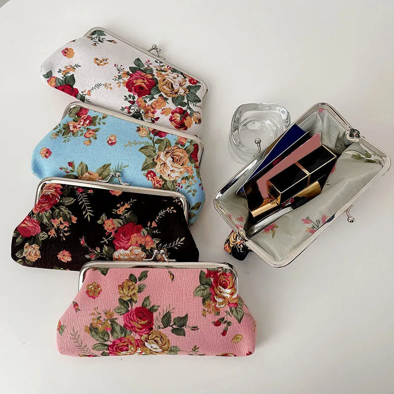 Women's Vintage Floral Pattern Coin Purse, Kiss-Lock Clutch Purse, Lightweight Wallet