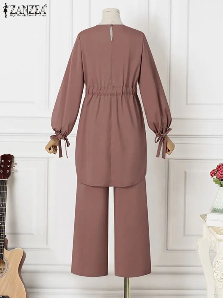 ZANZEA Muslim Women Matching Sets Long Sleeve Solid Color Tops And Loose Pant Suits Elegant Fashion Casual Tracksuit Kaftan