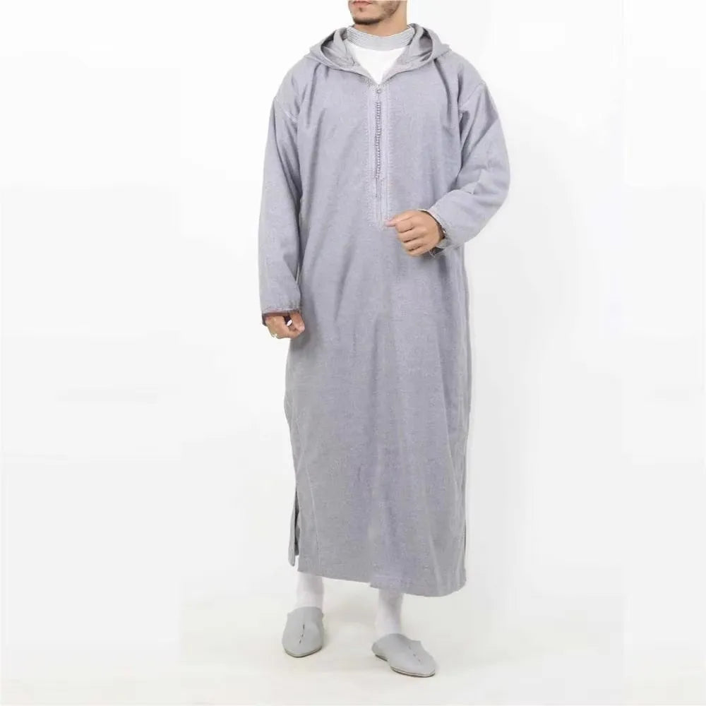 Men's Jellaba Thobe Hooded Long Sleeve Muslim Robe Galabia Musulamne Boubou Dress Elegant Islam Kameez for All Seasons Size M-4XL