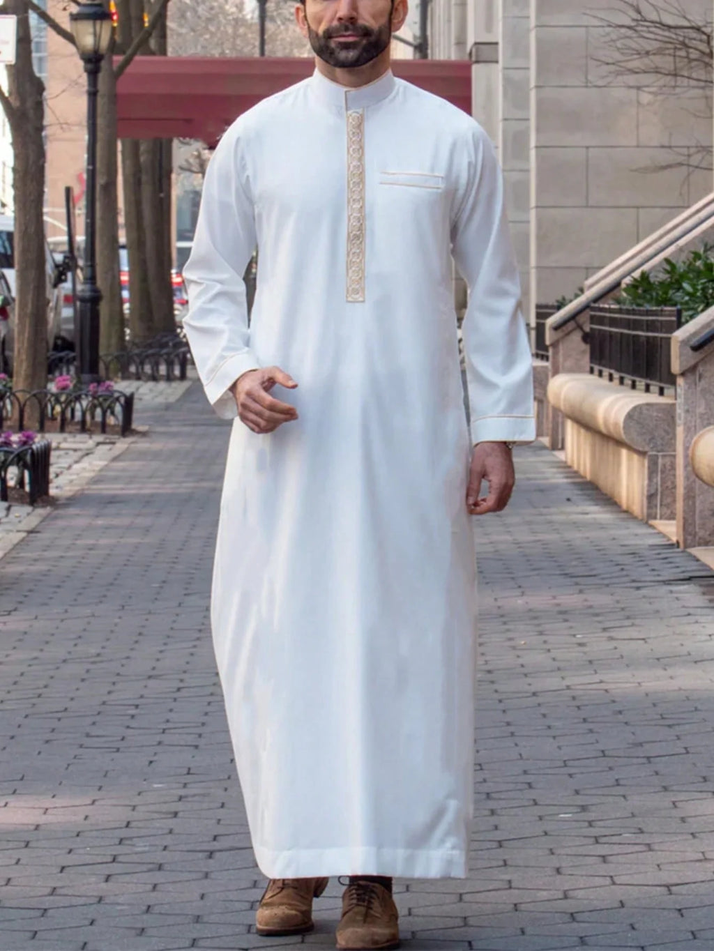 Luxury Men's Islam Muslim Arab Long Sleeve Embroidered Stand Collar Thoberobe Casual Style Polyester Elastane Jubba for All Seasons