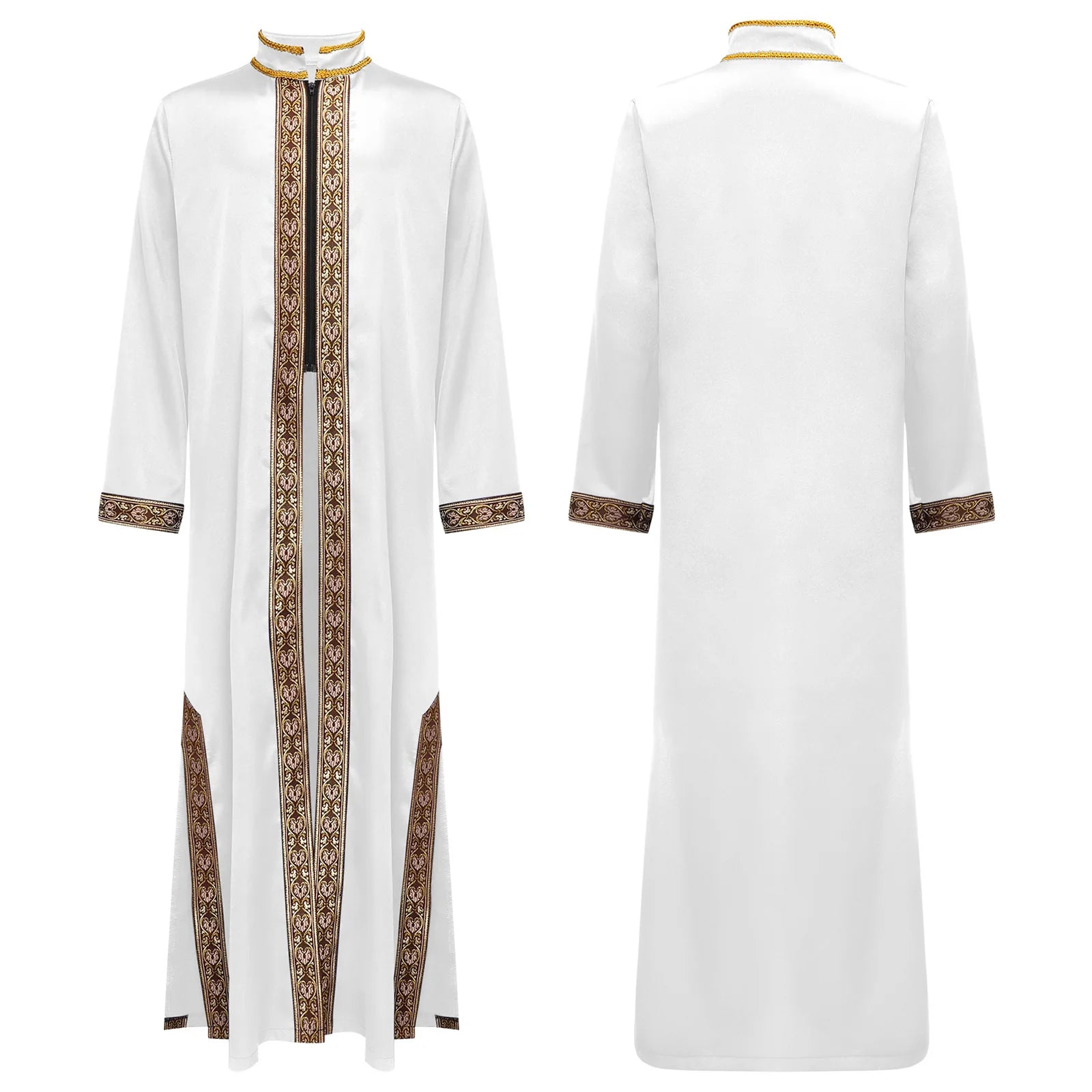 Boys Islamic Robe Kaftans Arab Gown Long Sleeves Slit Zipper Gold Embroidery Maxi Muslim Thobe Kids Festival Holiday Costume