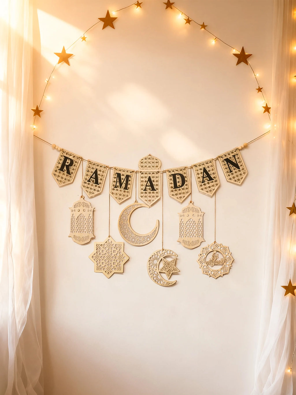 Ramadan Kareem Wooden Banner Garland - Islamic Moon Star Lantern Hanging Decor for Muslim Festival Home Party Wall Ornament Gift