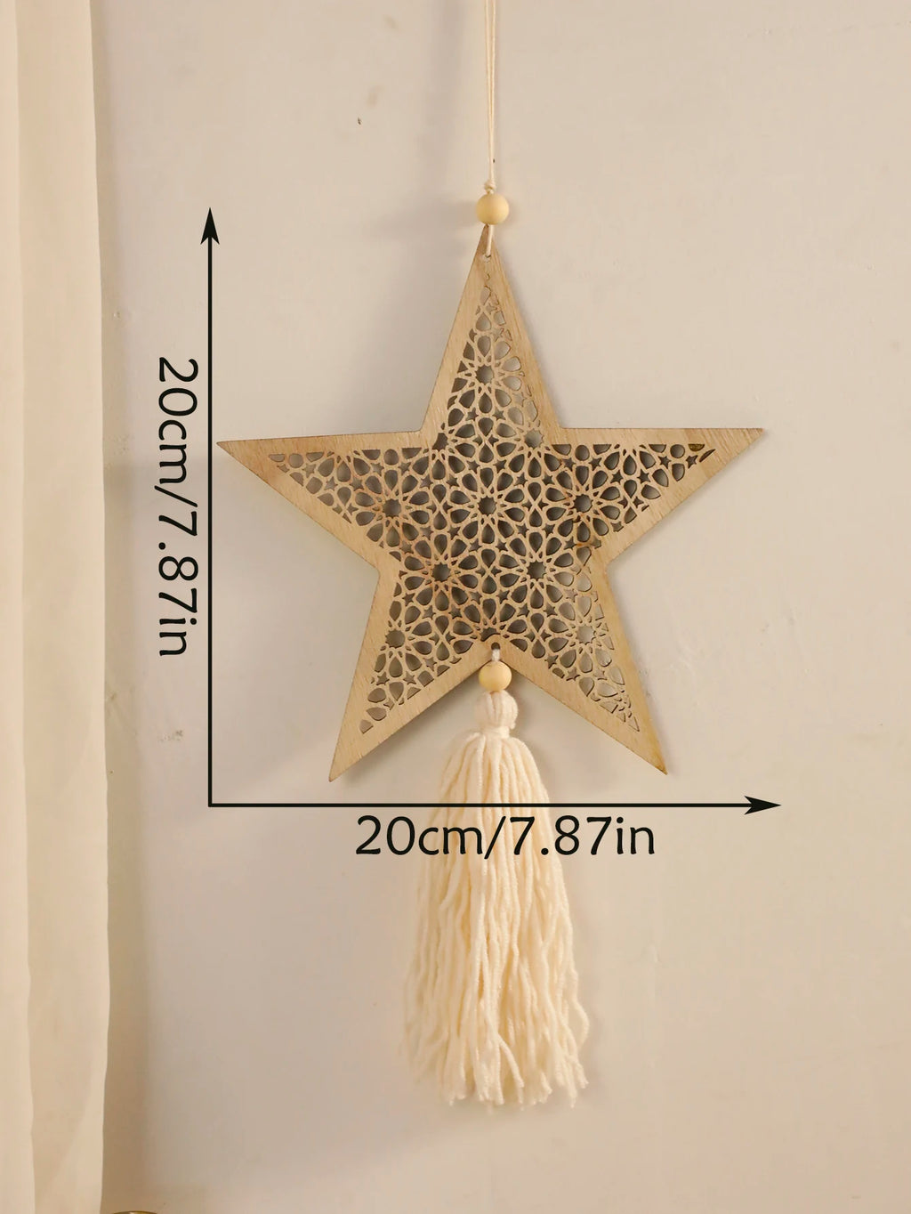 Ramadan Wooden Hanging Ornaments，Moon and Star Hollow Mesh Wall Decor with Tassel ，Eid Mubarak Muslim Decor，Ramadan Kareem Gift