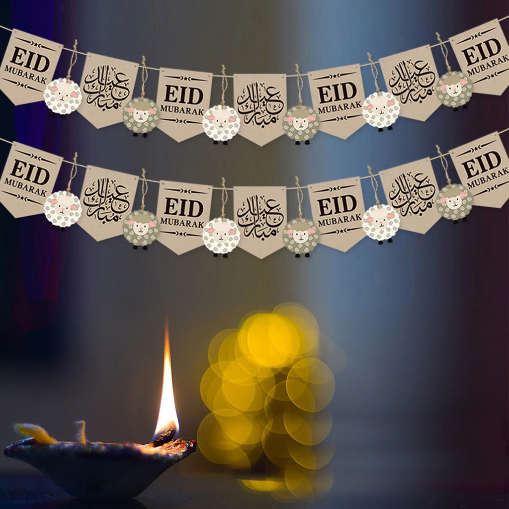 Eid Mubarak Banner with Sheep Ornaments, Islamic Wall Hanging Decor for Eid al-Fitr & Adha, Ramadan Kareem Home Party Decor Gift