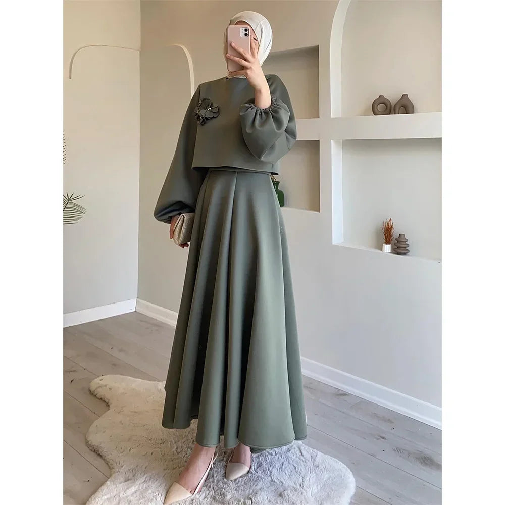 Fashion Set 2 Piece Women Lantern Sleeve Top Shirt & Skirts Suits Musulman Ensembles Jalabiya Appliques Muslim Sets
