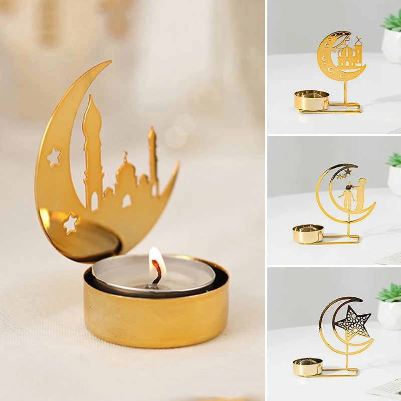 Ramadan Candlestick  Home Decor Eid Mubarak Candle Holder Table Ornament Muslim Festival Party Crescent Moon Star Decor
