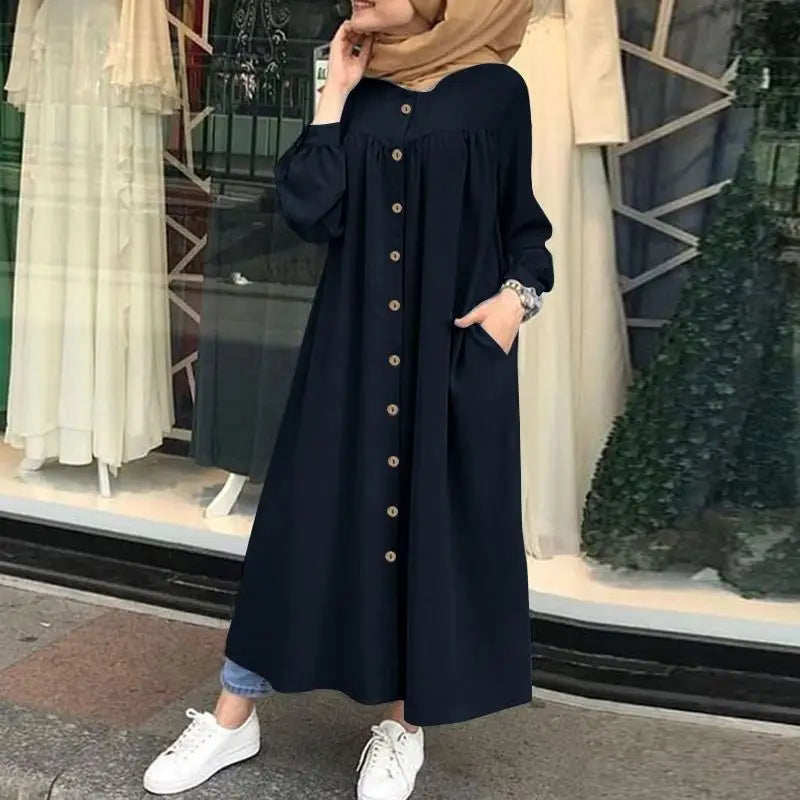 Casual Long Sleeve round Neck Pocket Women's  Muslim Fashion Comfortable Commuting Style Polyester Fiber D...