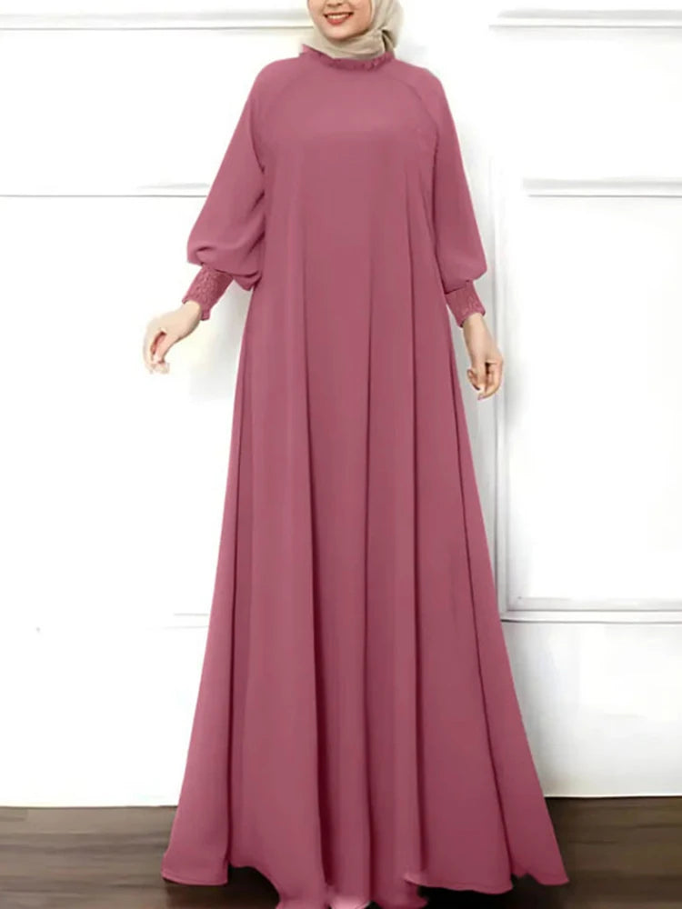 Maxi Dress Solid Women Long Sleeve Islamic Hijab Vestidos Ruffled O Neck Shirring Cuff Abaya Robes