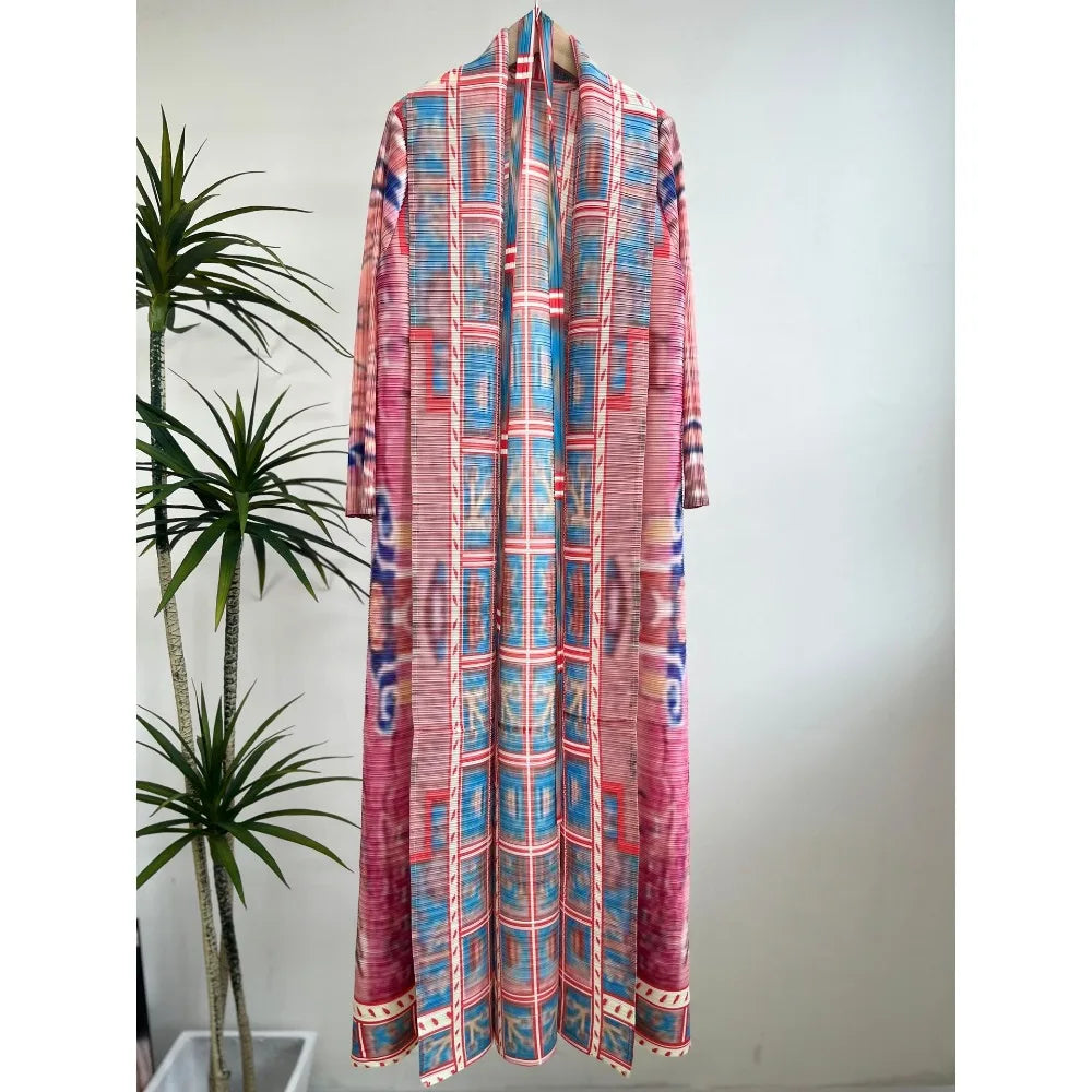 Miyake Pleated Women's Long Cardigan Windbreaker Coat Autumn New Ethnic Style Printing Loose Plus Size Dress Cloak Robe