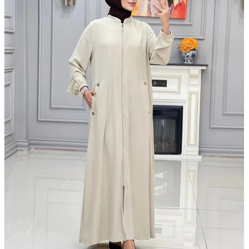 Middle East Dubai New Hot Sale Of The Season Women's Fashion Stand Collar Zipper Pocket Loose Casual Dress Gown Comfortable Eleg