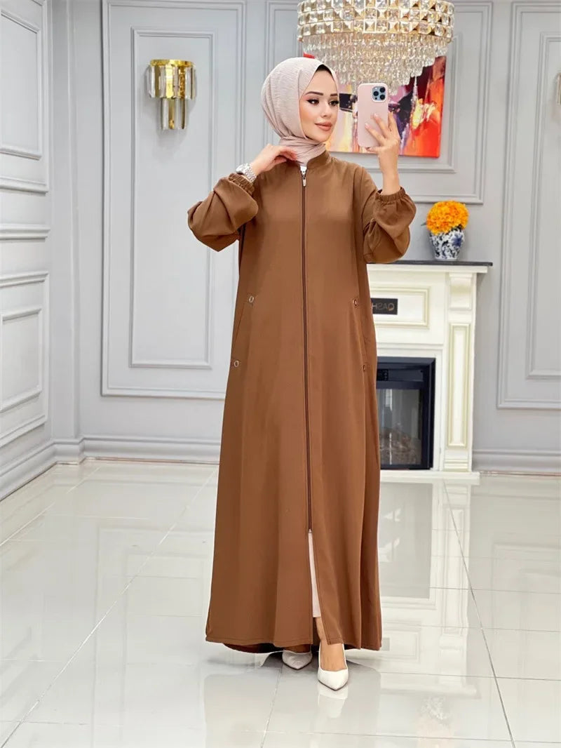 Middle East Dubai New Hot Sale Of The Season Women's Fashion Stand Collar Zipper Pocket Loose Casual Dress Gown Comfortable Eleg