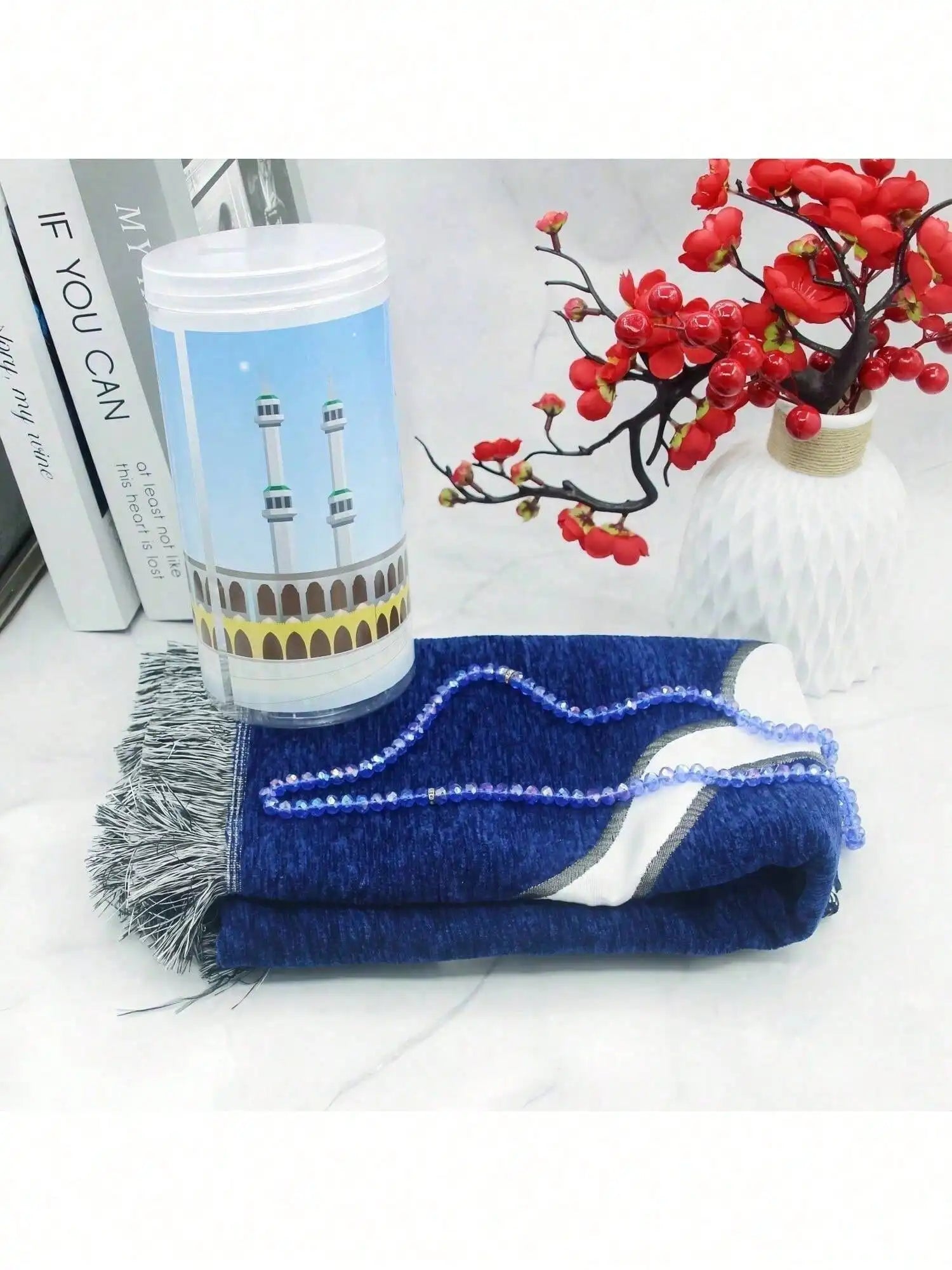 Muslim Prayer Rug and Prayer Beads with Elegant Design Cylinder Gift Box  Islamic Gifts Set Carpet Mat Soft Fabric Black