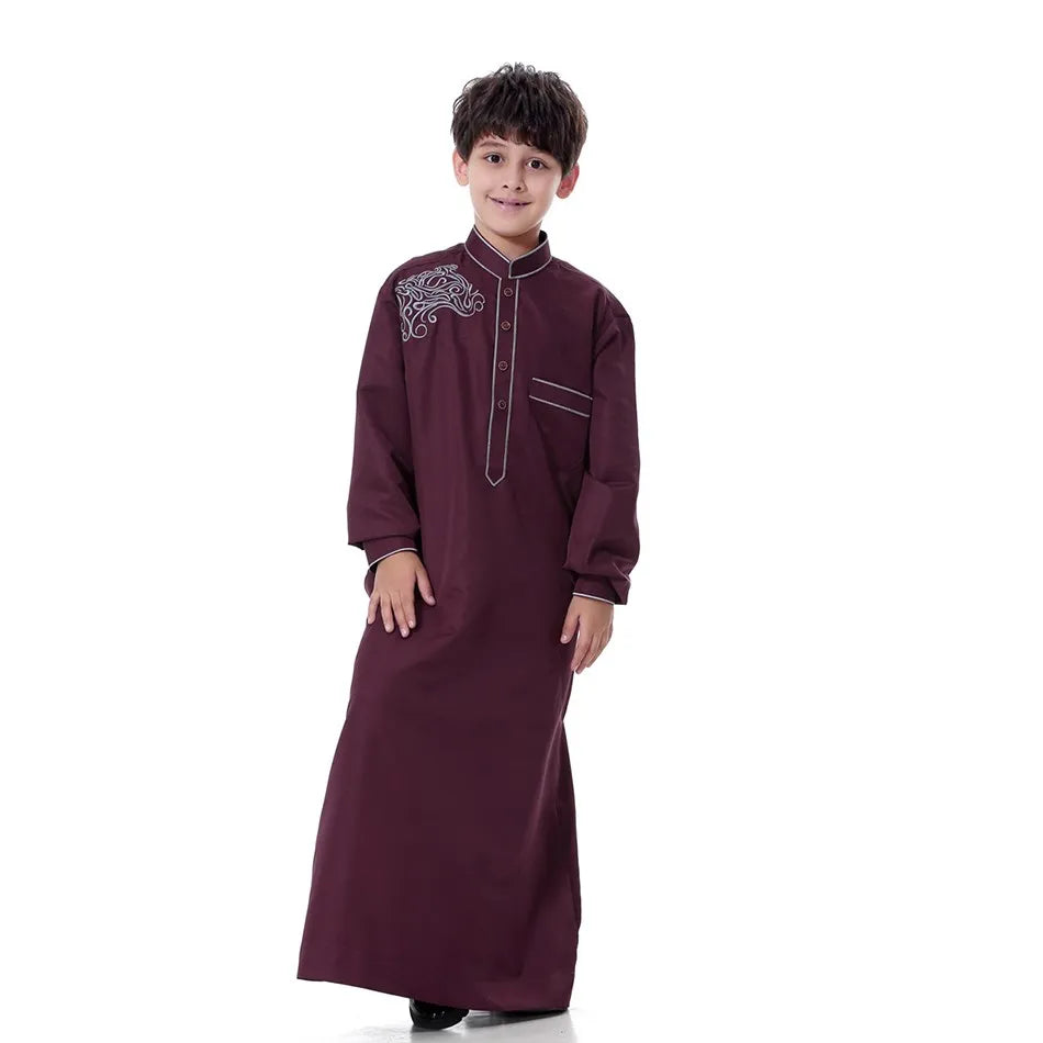 2025 New Kids Robe Children Embroidery Outfit Boys Ramadan Thawb Teens Long Sleeve National Clothes Arab Muslim Thobe 5-12 Years