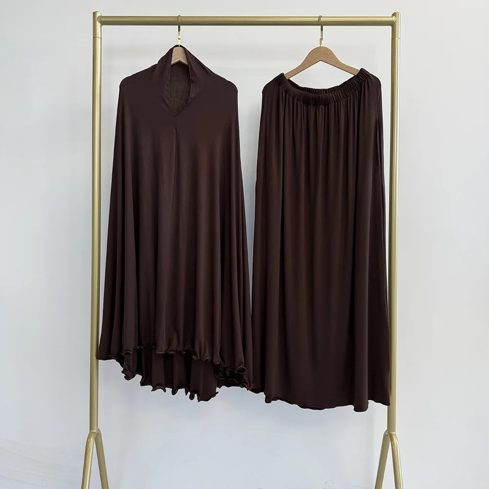 Cotton Jersey Prayer Set Stretchy EID Ramadan Islam Muslim Women Satin Rope Instant Hijab Khimar Skirt Pockets 2 Piece Jilbab