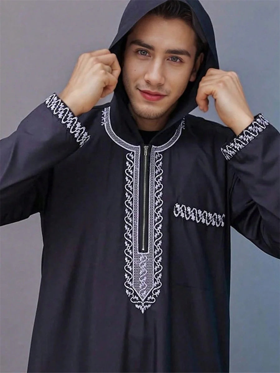 Men's Hooded Ramadan Robe Kaftan Muslim Thobe Long Sleeve Embroidered Islamic Casual Loose Dress for Saudi Arabia
